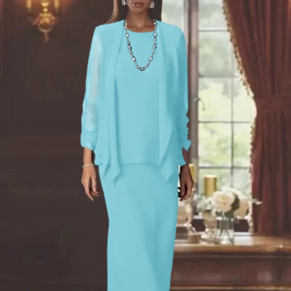 Mondressy Sheath Column Scoop Neck Long Sleeves Floor Length light blue 18w